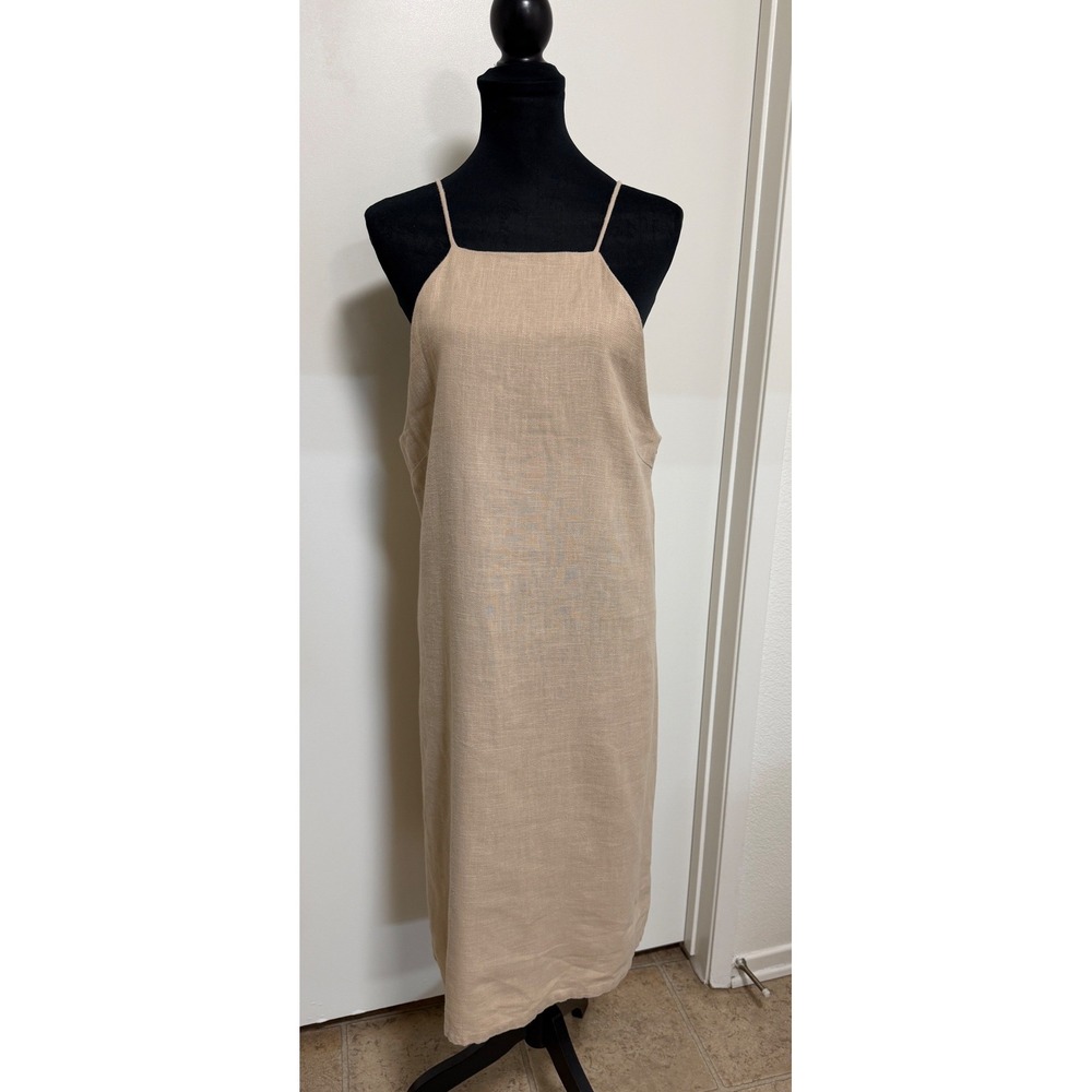 Mod Ref Linen Blend Halter Midi Dress Adjustable Spaghetti Strap Beige Large